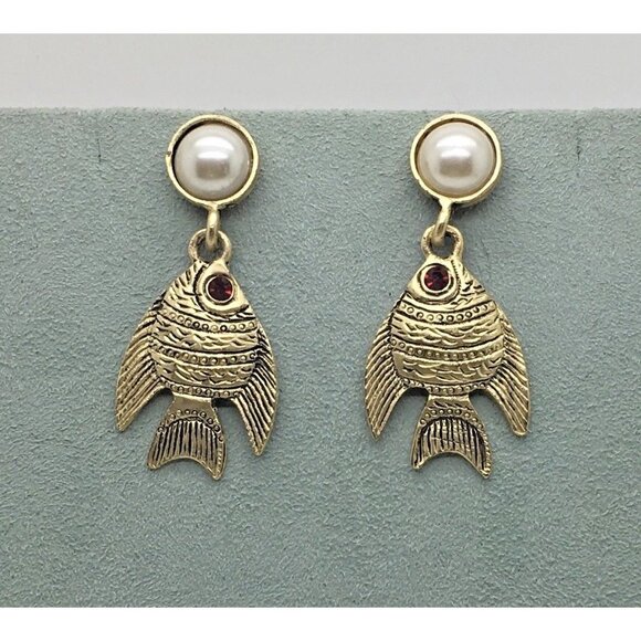 Bergdorf Goodman Angelfish Fish Earrings Bronze Gold Tone Faux Pearls  1995 BG - Picture 1 of 3